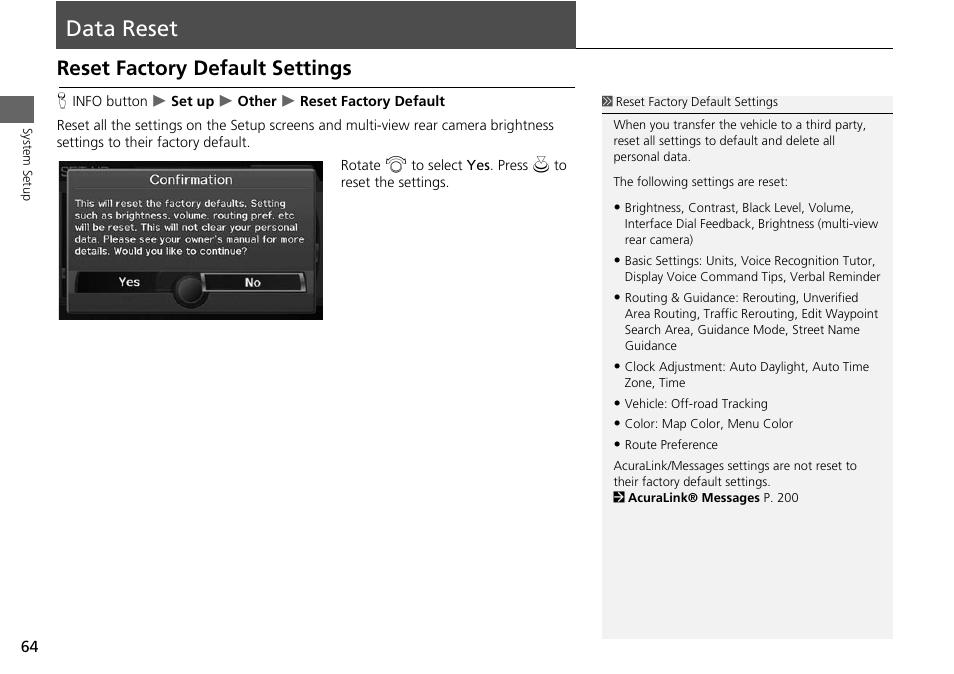 Data reset 64, Data reset, Reset factory default settings | Acura 2015 RDX - Navigation Manual User Manual | Page 65 / 258