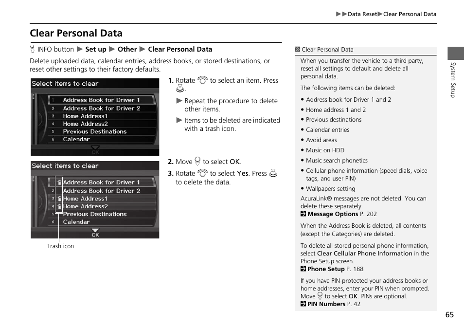 Clear personal data | Acura 2015 RDX - Navigation Manual User Manual | Page 66 / 258