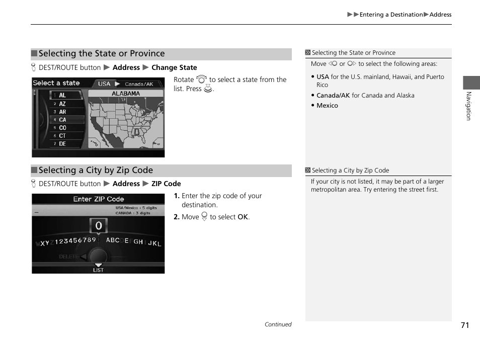 2 selecting the state or province, P. 71, 2 selecting a city by zip code | Selecting the state or province, Selecting a city by zip code | Acura 2015 RDX - Navigation Manual User Manual | Page 72 / 258