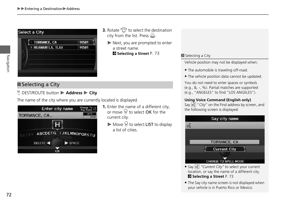 2 selecting a city, P. 72, Selecting a city | Acura 2015 RDX - Navigation Manual User Manual | Page 73 / 258