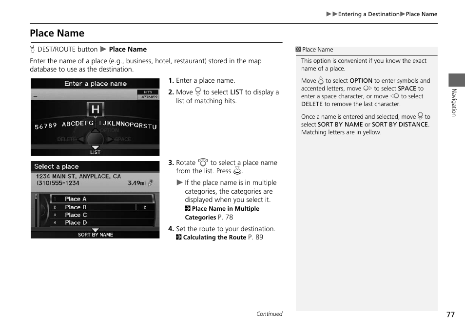 2 place name, P. 77, Place name | Acura 2015 RDX - Navigation Manual User Manual | Page 78 / 258