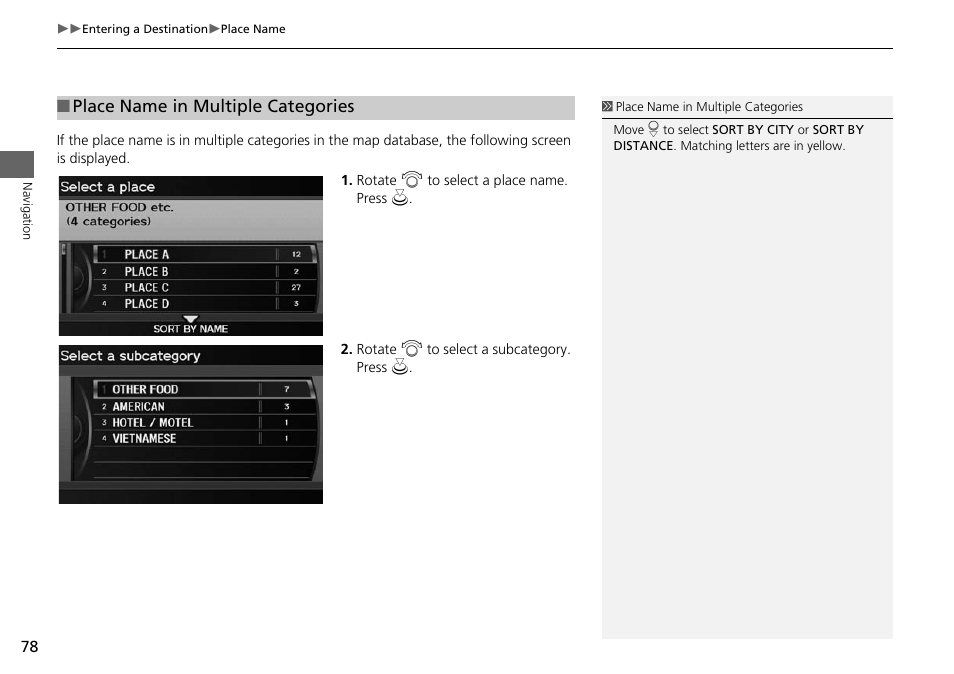 2 place name in multiple categories, P. 78, Place name in multiple categories | Acura 2015 RDX - Navigation Manual User Manual | Page 79 / 258