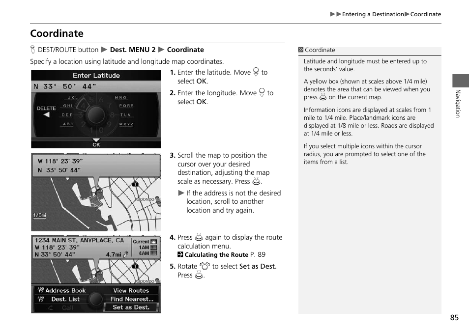 Coordinate, 2 coordinate, P. 85 | Acura 2015 RDX - Navigation Manual User Manual | Page 86 / 258