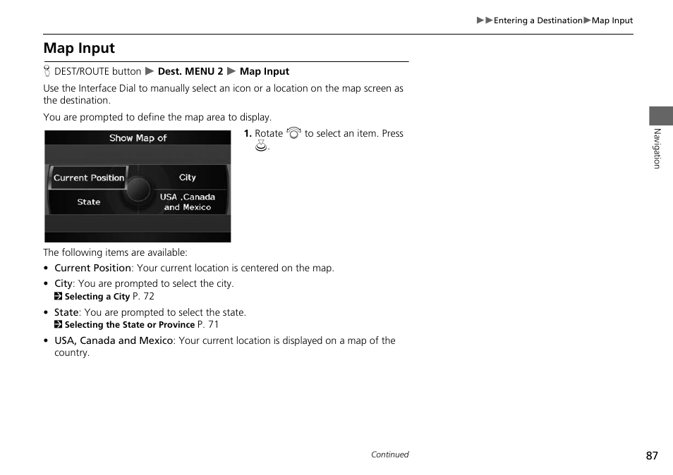 2 map input, P. 87, Map input | Acura 2015 RDX - Navigation Manual User Manual | Page 88 / 258