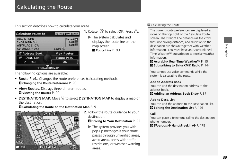 Calculating the route 89, Calculating the route, 2 calculating the route | P. 89 | Acura 2015 RDX - Navigation Manual User Manual | Page 90 / 258
