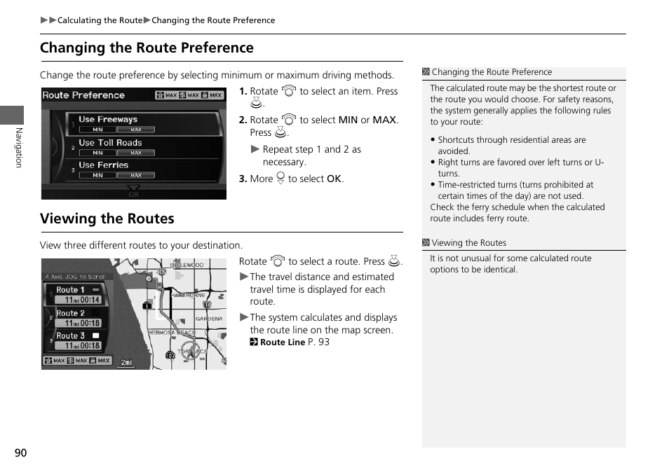 P90), Changing the route preference viewing the routes, 2 changing the route preference | P. 90, 2 viewing the routes, Changing the route preference, Viewing the routes | Acura 2015 RDX - Navigation Manual User Manual | Page 91 / 258