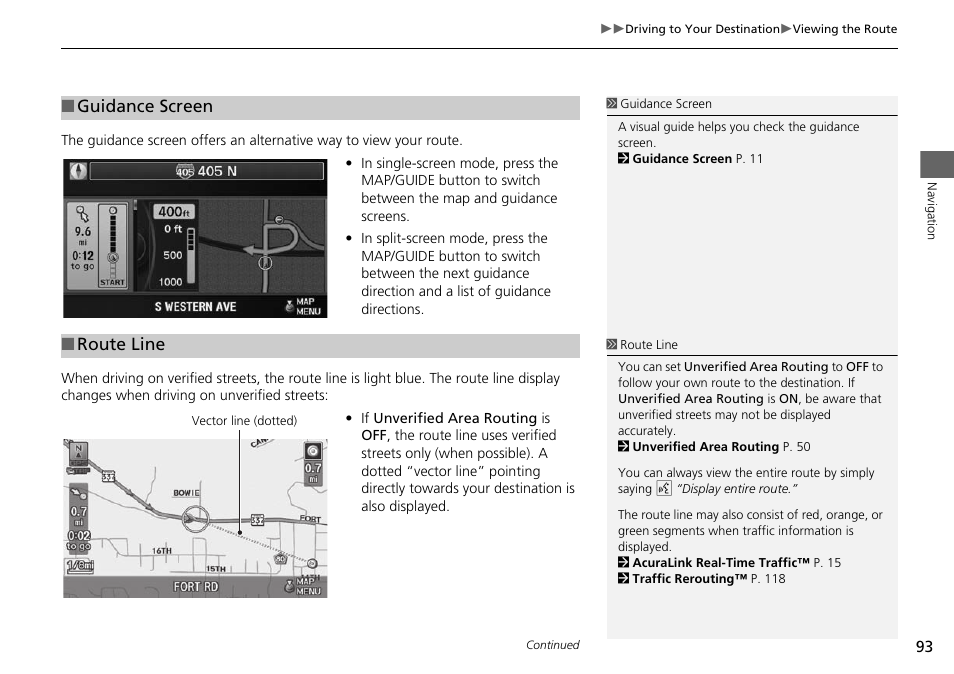 P93), 2 route line, P. 93 | Guidance screen, Route line | Acura 2015 RDX - Navigation Manual User Manual | Page 94 / 258