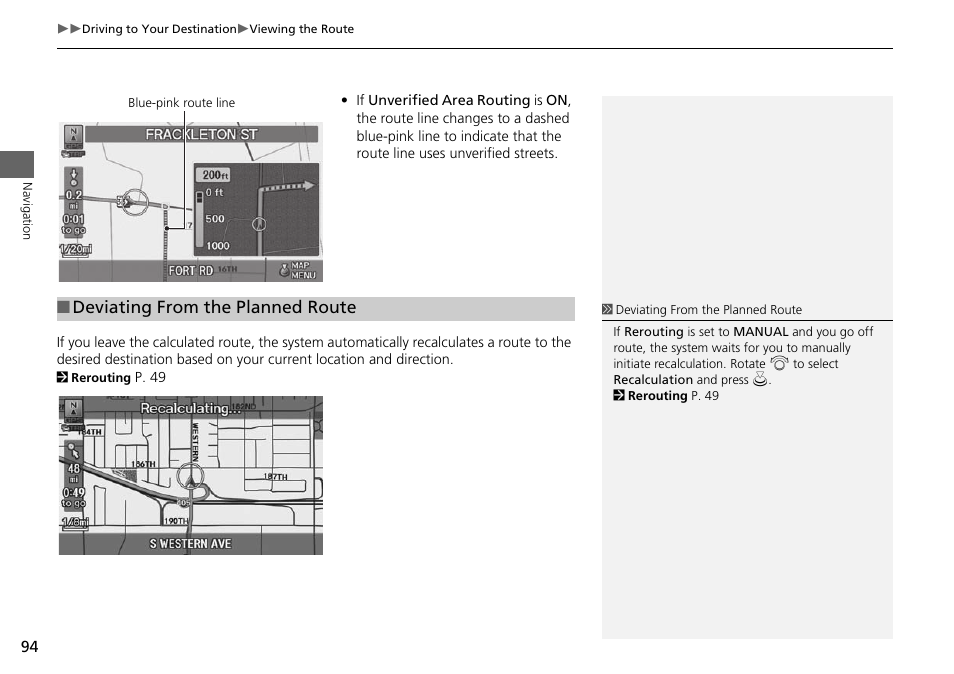 Deviating from the planned route | Acura 2015 RDX - Navigation Manual User Manual | Page 95 / 258