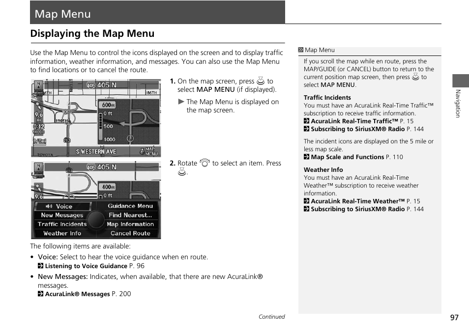 Map menu 97, P97), Map menu | Displaying the map menu | Acura 2015 RDX - Navigation Manual User Manual | Page 98 / 258
