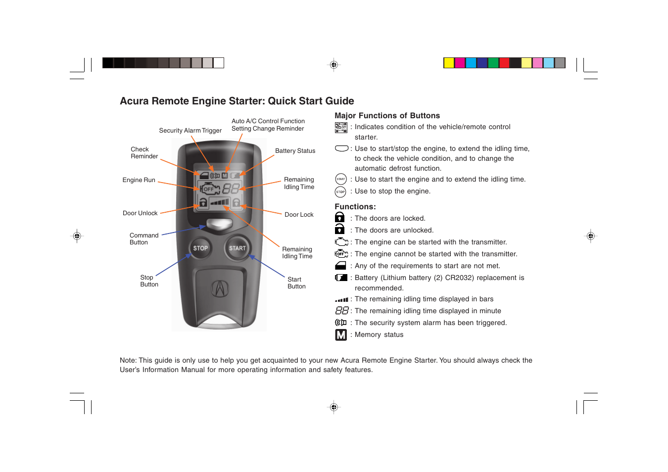 Acura remote engine starter: quick start guide | Acura 2008 TSX - Remote Engine Starter Quick Start Guide User Manual | Page 2 / 6