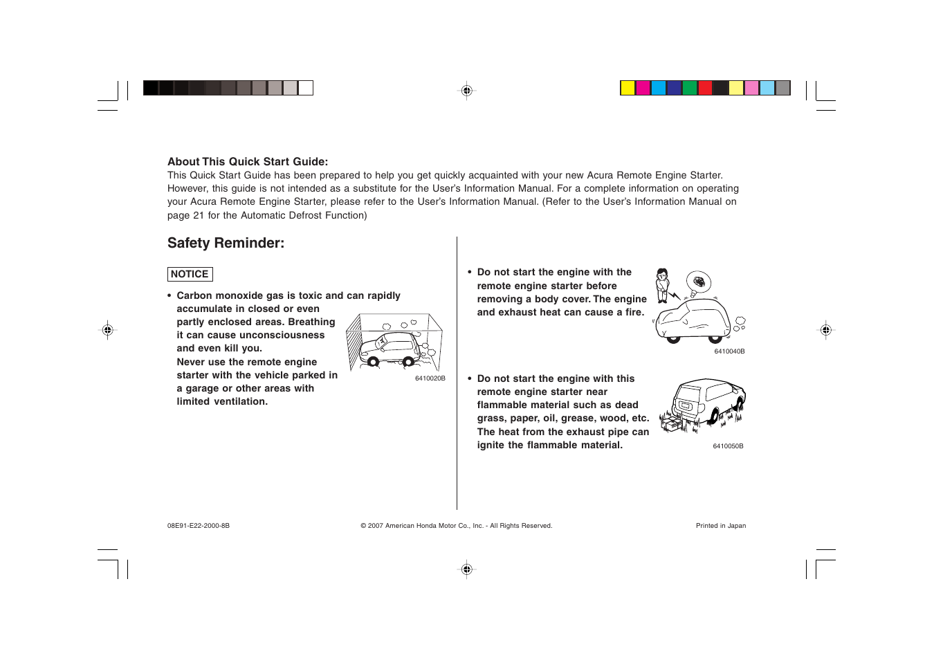 Safety reminder | Acura 2008 TSX - Remote Engine Starter Quick Start Guide User Manual | Page 6 / 6