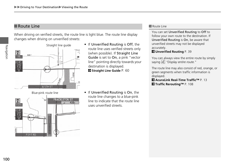 P100), 2 route line, P. 100 | Route line | Acura 2015 RLX - Navigation Manual User Manual | Page 101 / 156