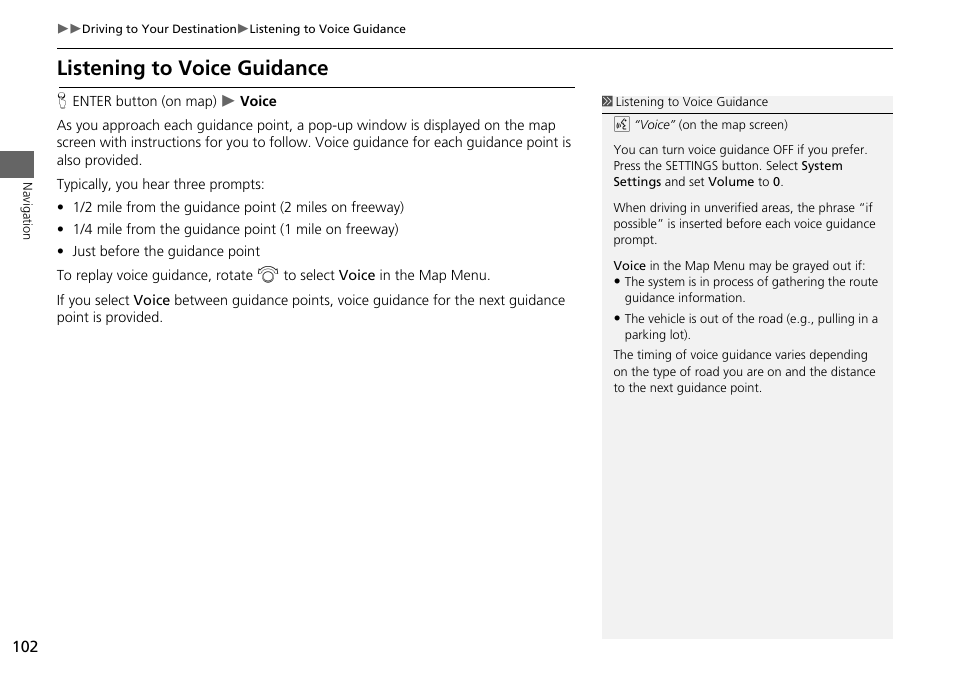 Listening to voice guidance | Acura 2015 RLX - Navigation Manual User Manual | Page 103 / 156