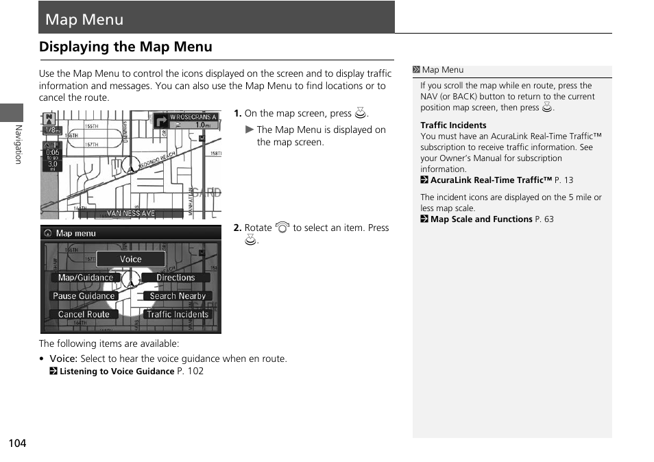 Map menu 104, Map menu, Displaying the map menu | 2 map menu, P. 104 | Acura 2015 RLX - Navigation Manual User Manual | Page 105 / 156