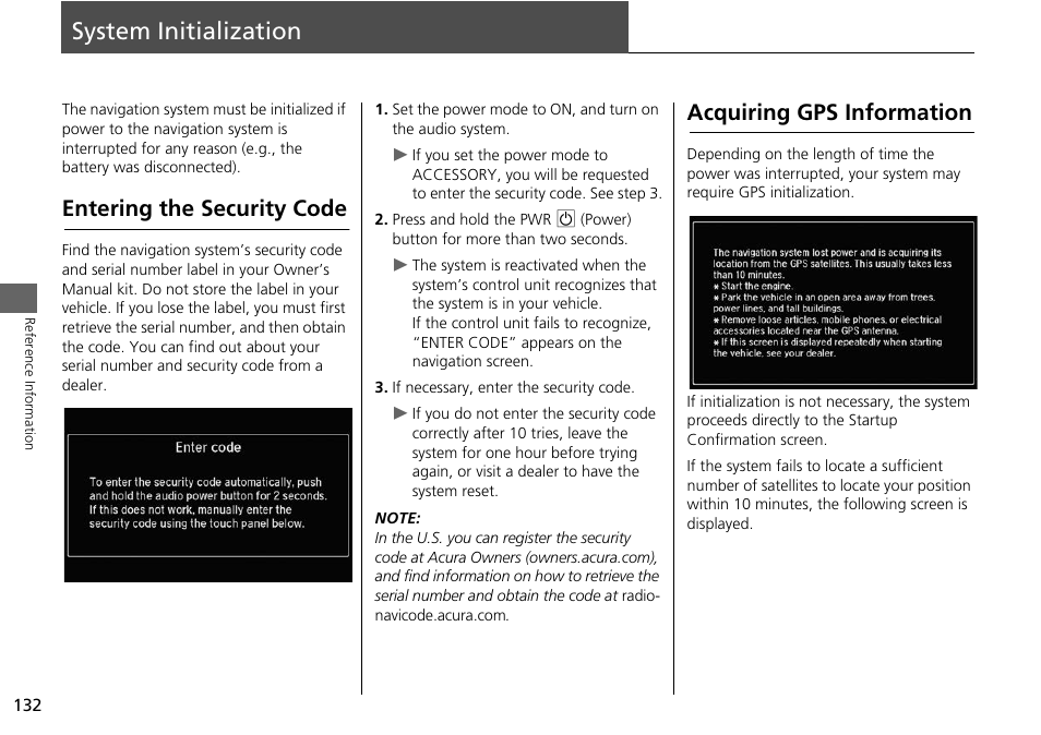 System initialization 132, System initialization, P. 132 | Entering the security code, Acquiring gps information | Acura 2015 RLX - Navigation Manual User Manual | Page 133 / 156