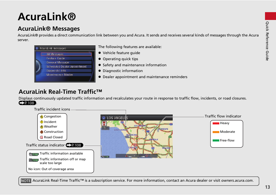 Acuralink, P13), Acuralink® messages | Acuralink real-time traffic | Acura 2015 RLX - Navigation Manual User Manual | Page 14 / 156