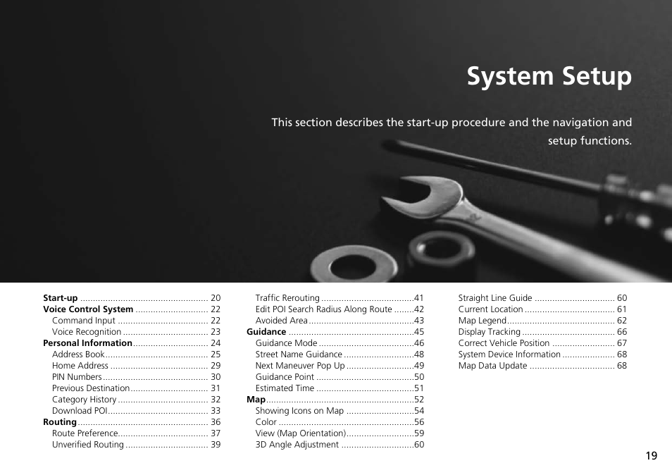 System setup, 2 system setup p. 19, P.19 | Acura 2015 RLX - Navigation Manual User Manual | Page 20 / 156