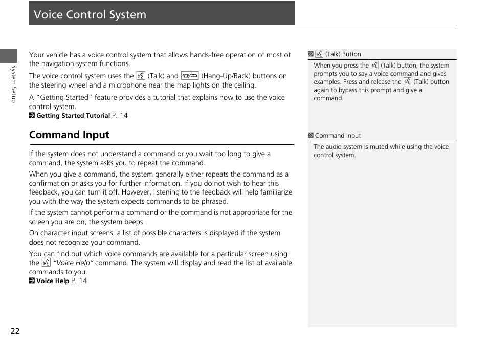 P22), Voice control system (p22), Voice control system | Command input | Acura 2015 RLX - Navigation Manual User Manual | Page 23 / 156