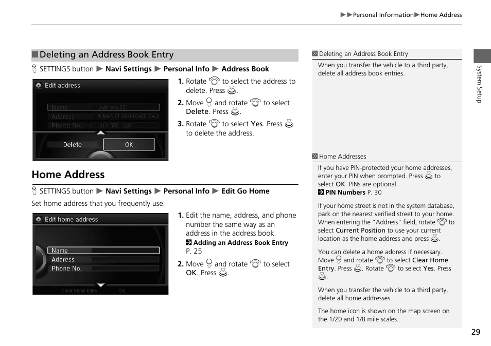 P29), Home address, 2 home address | P. 29, Deleting an address book entry | Acura 2015 RLX - Navigation Manual User Manual | Page 30 / 156