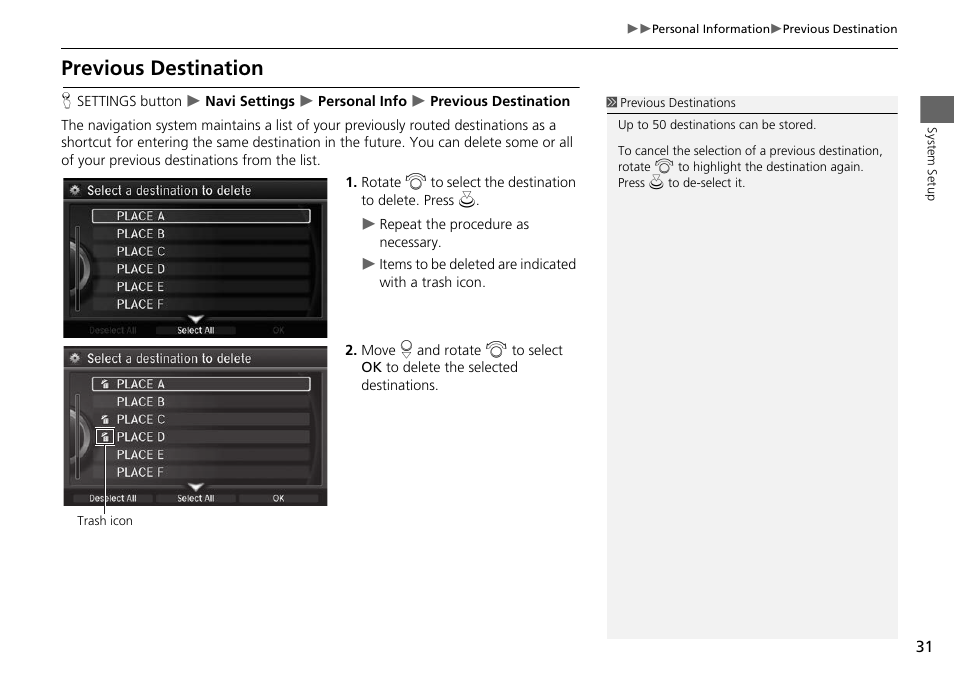 Previous destination, 2 previous destination, P. 31 | Acura 2015 RLX - Navigation Manual User Manual | Page 32 / 156