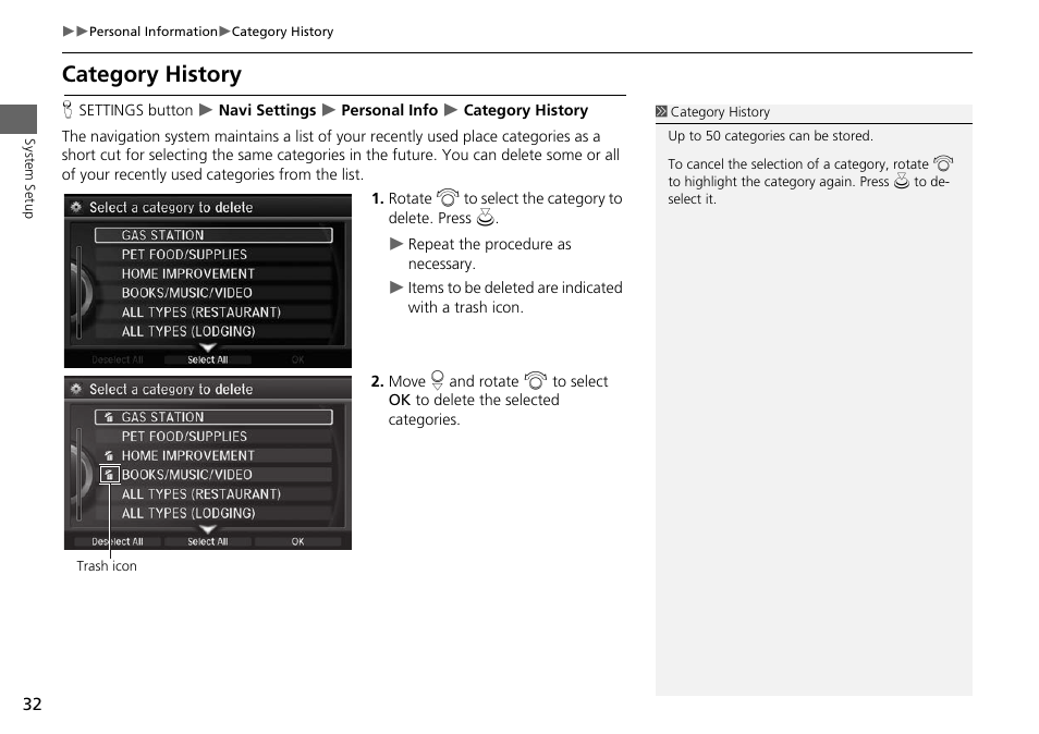 Category history, 2 category history, P. 32 | Acura 2015 RLX - Navigation Manual User Manual | Page 33 / 156