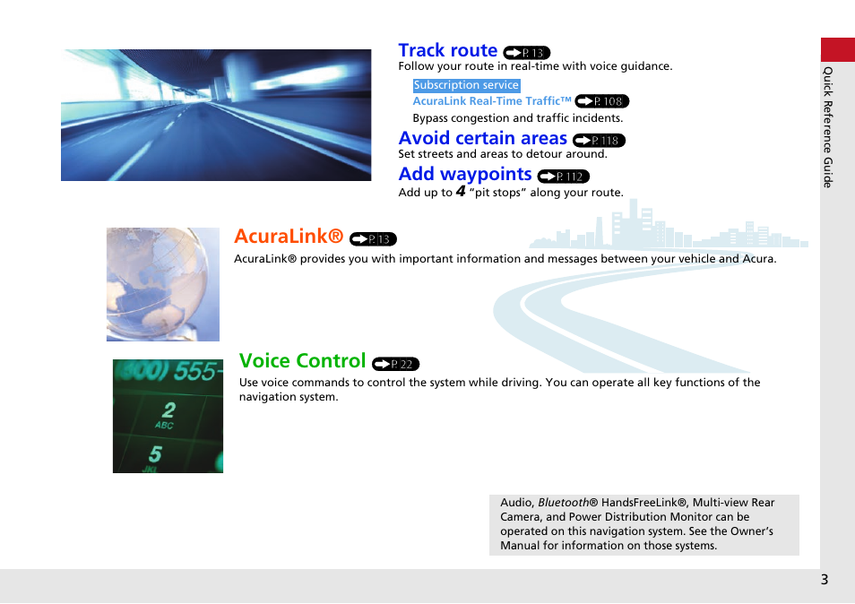 Acuralink, Voice control, Track route | Avoid certain areas, Add waypoints | Acura 2015 RLX - Navigation Manual User Manual | Page 4 / 156