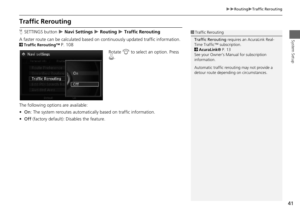 Traffic rerouting, 2 traffic rerouting, P. 41 | Acura 2015 RLX - Navigation Manual User Manual | Page 42 / 156
