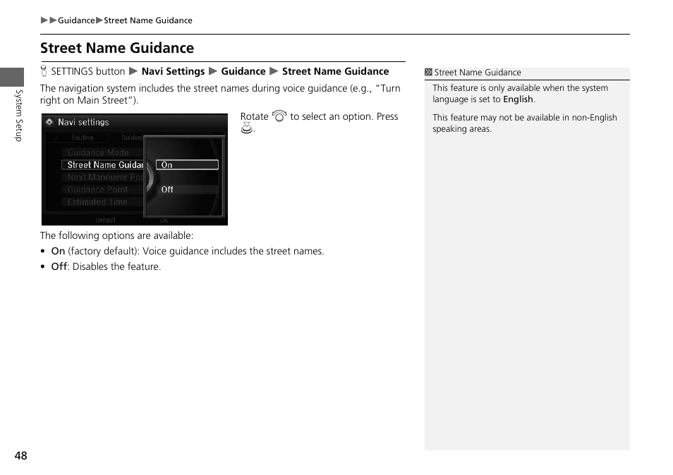 Street name guidance, 2 street name guidance, P. 48 | Acura 2015 RLX - Navigation Manual User Manual | Page 49 / 156