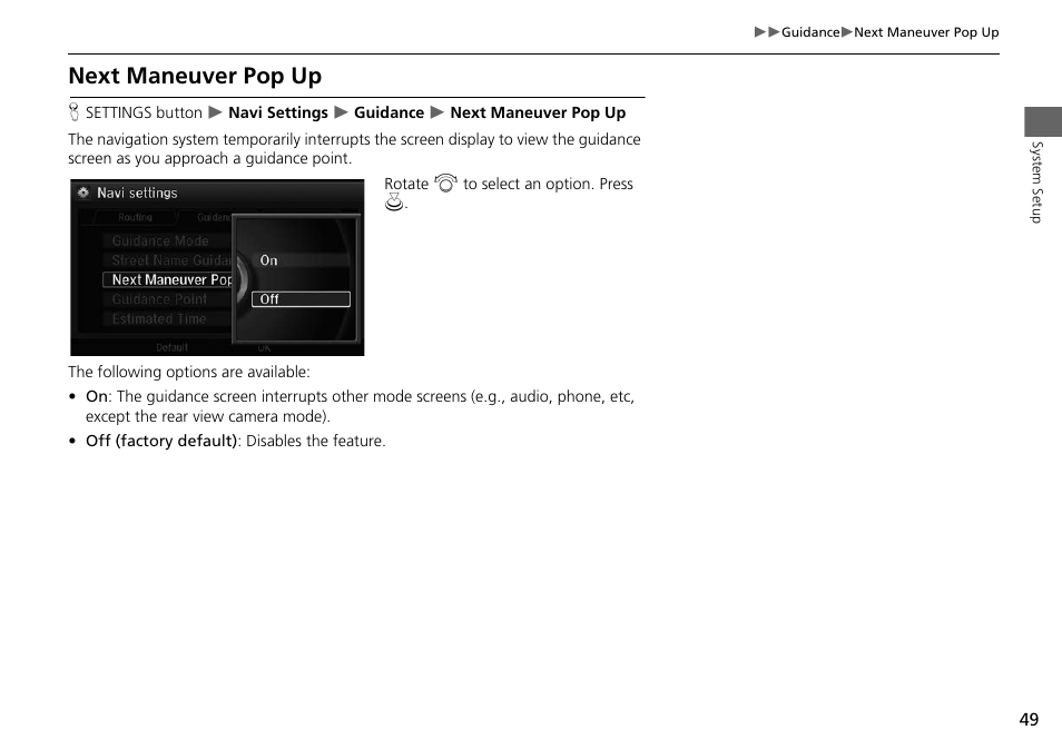 Next maneuver pop up, 2 next maneuver pop up, P. 49 | Acura 2015 RLX - Navigation Manual User Manual | Page 50 / 156