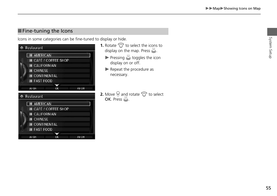 2 fine-tuning the icons, P. 55 | Acura 2015 RLX - Navigation Manual User Manual | Page 56 / 156