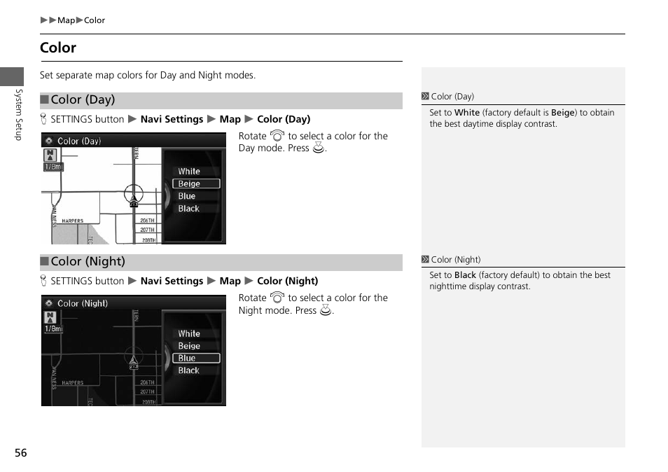 Color, 2 color, P. 56 | Acura 2015 RLX - Navigation Manual User Manual | Page 57 / 156