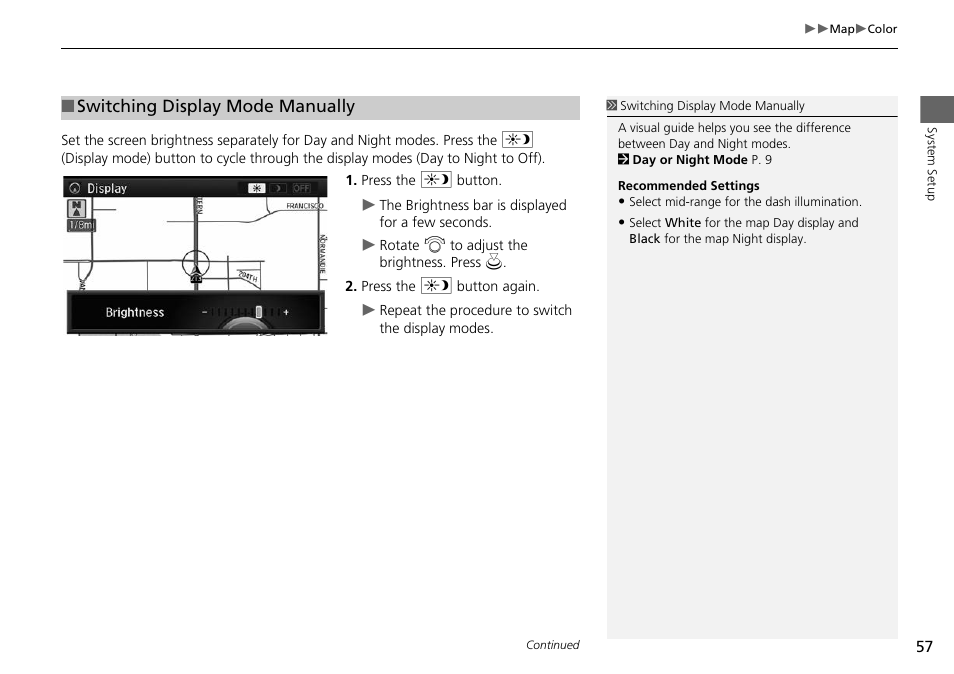 Button, P57), Switching display mode manually | Acura 2015 RLX - Navigation Manual User Manual | Page 58 / 156