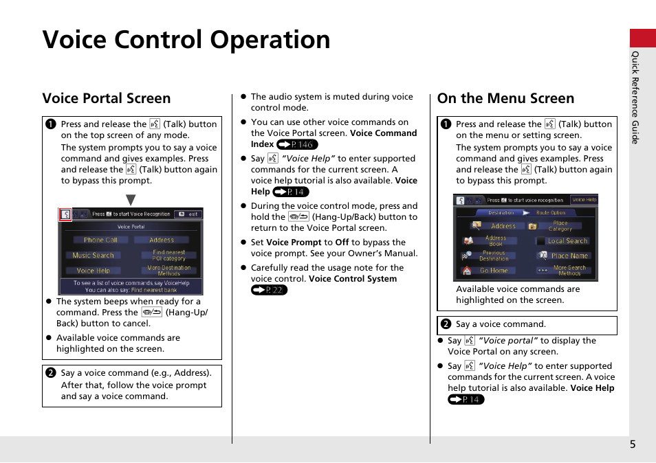 Voice control operation, Talk) button, Voice portal screen | On the menu screen | Acura 2015 RLX - Navigation Manual User Manual | Page 6 / 156