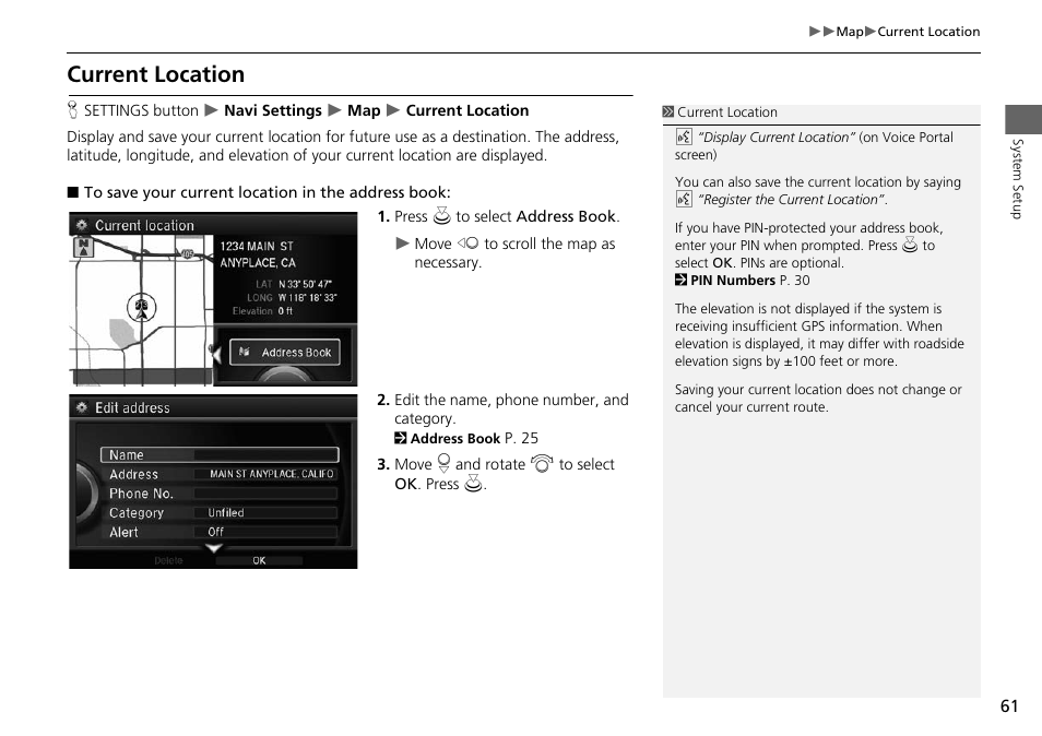 P61), Current location, 2 current location | P. 61 | Acura 2015 RLX - Navigation Manual User Manual | Page 62 / 156