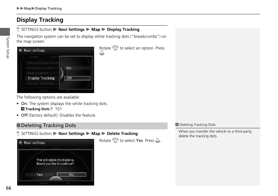 Display tracking, 2 display tracking, P. 66 | 2 deleting tracking dots | Acura 2015 RLX - Navigation Manual User Manual | Page 67 / 156