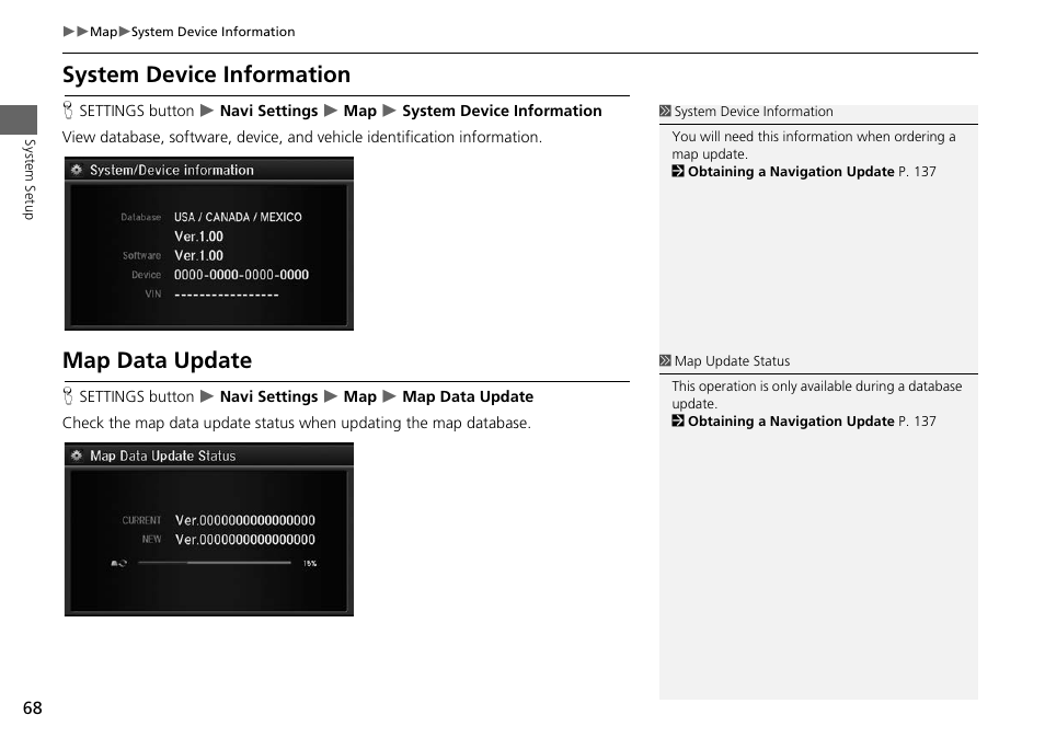 System device information map data update, 2 system device information, P. 68 | 2 map data update, System device information, Map data update | Acura 2015 RLX - Navigation Manual User Manual | Page 69 / 156