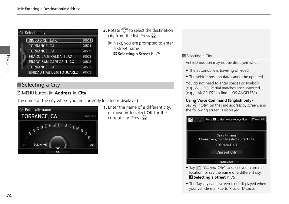 2 selecting a city, P. 74, Selecting a city | Acura 2015 RLX - Navigation Manual User Manual | Page 75 / 156