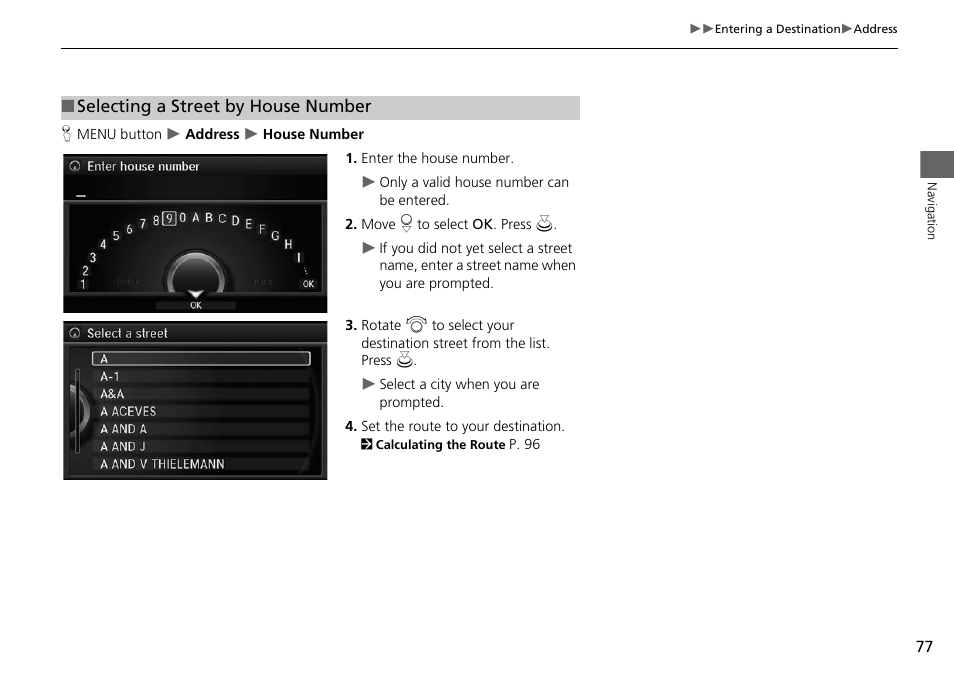 2 selecting a street by house number, P. 77 | Acura 2015 RLX - Navigation Manual User Manual | Page 78 / 156