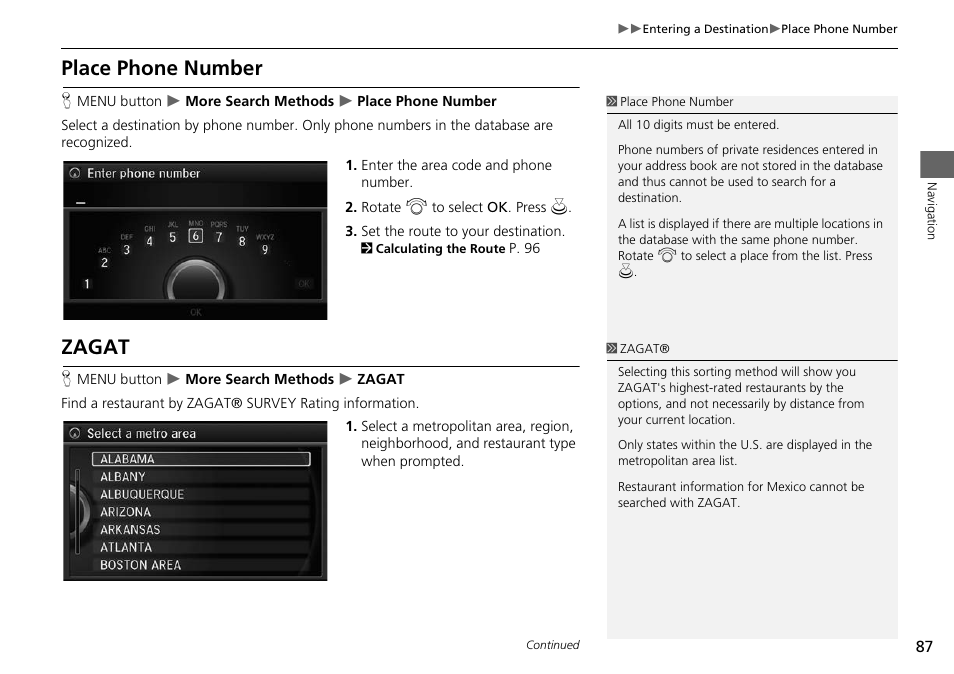 Place phone number zagat, 2 place phone number, P. 87 | 2 zagat, 2 zagat p. 87, Place phone number, Zagat | Acura 2015 RLX - Navigation Manual User Manual | Page 88 / 156