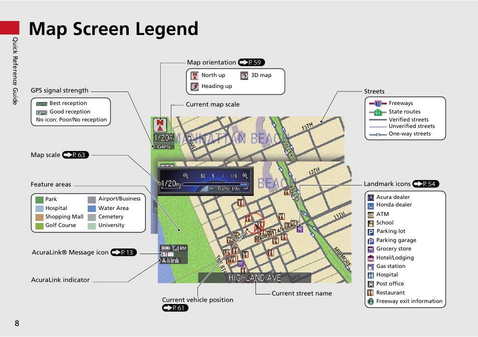 Map screen legend | Acura 2015 RLX - Navigation Manual User Manual | Page 9 / 156