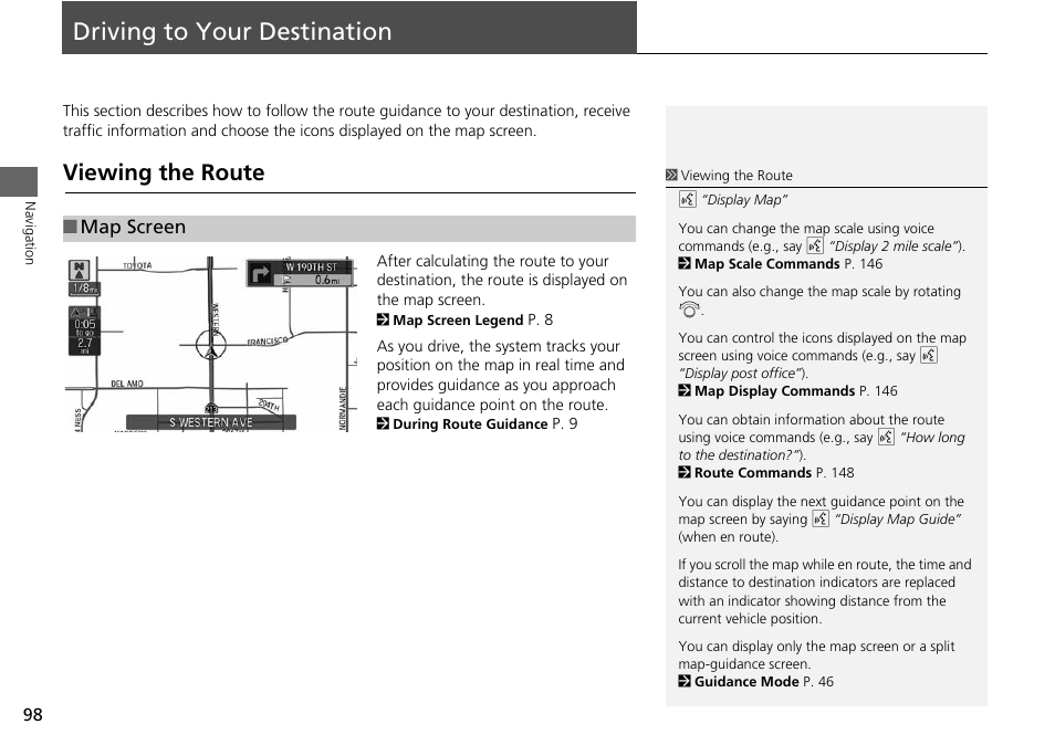 Driving to your destination 98, P98), Driving to your destination | Viewing the route, 2 driving to your destination, P. 98, Map screen | Acura 2015 RLX - Navigation Manual User Manual | Page 99 / 156