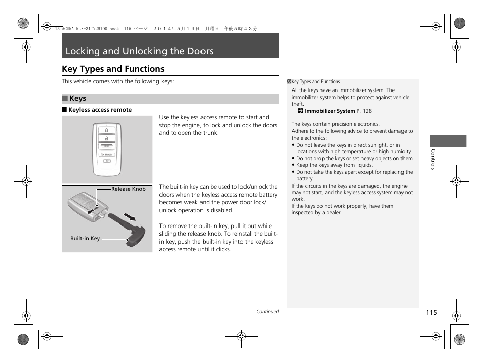Locking and unlocking the doors p. 115, Locking and unlocking the doors, Key types and functions | Acura 2015 RLX - Owner's Manual User Manual | Page 116 / 521