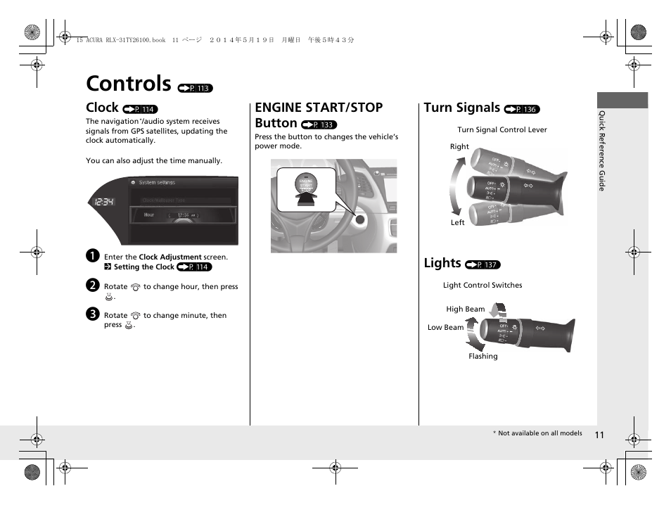 Controls (p 113), Controls, Clock | Engine start/stop button, Turn signals, Lights | Acura 2015 RLX - Owner's Manual User Manual | Page 12 / 521