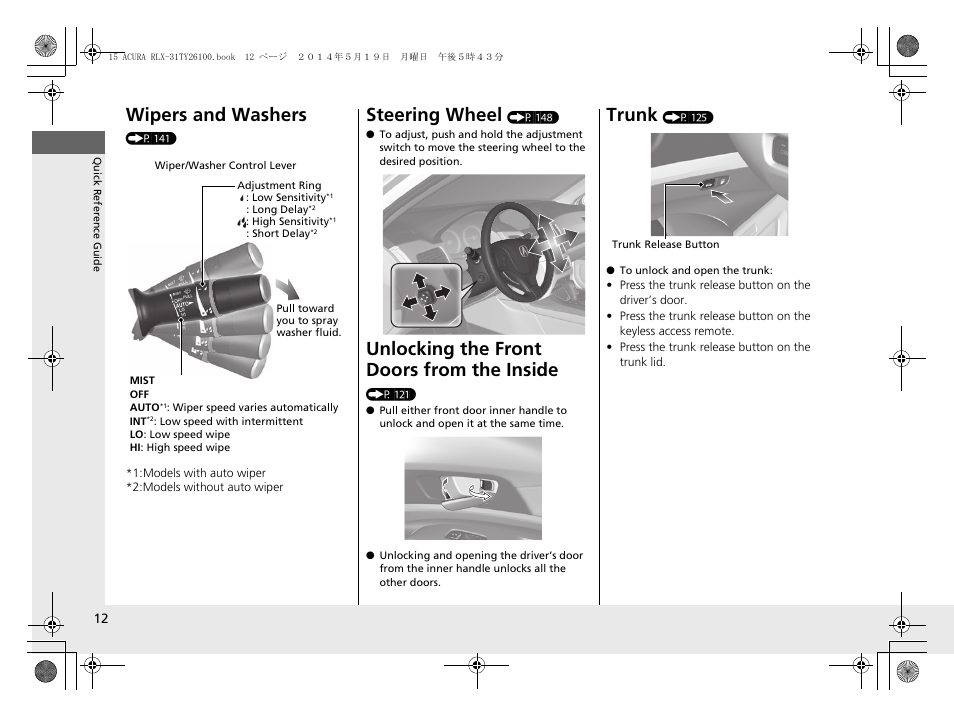 Wipers and washers, Steering wheel, Unlocking the front doors from the inside | Trunk | Acura 2015 RLX - Owner's Manual User Manual | Page 13 / 521