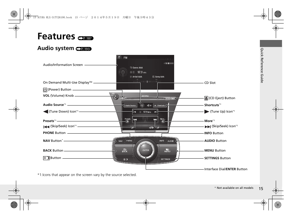 Features (p 187), Features, Audio system | Acura 2015 RLX - Owner's Manual User Manual | Page 16 / 521