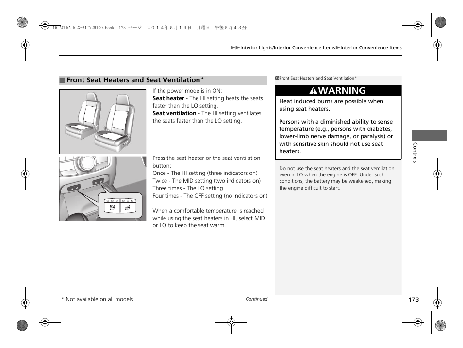 P 173), Warning | Acura 2015 RLX - Owner's Manual User Manual | Page 174 / 521