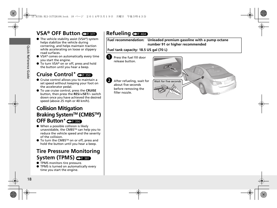 Vsa® off button, Cruise control, Collision mitigation braking system | Cmbs, Off button, Tire pressure monitoring system (tpms), Refueling | Acura 2015 RLX - Owner's Manual User Manual | Page 19 / 521