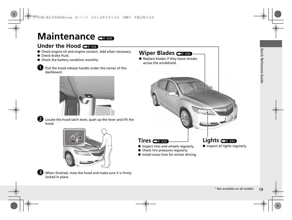 Maintenance (p 409), Maintenance, Under the hood | Lights, Wiper blades, Tires | Acura 2015 RLX - Owner's Manual User Manual | Page 20 / 521