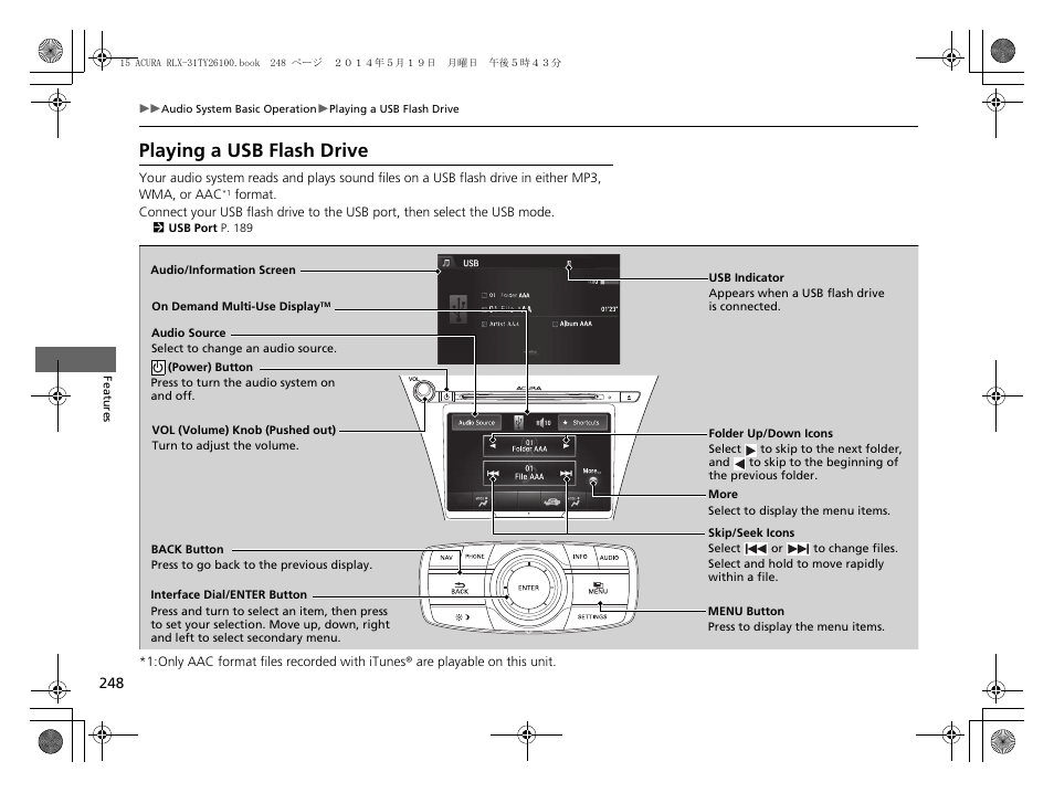 Playing a usb flash drive | Acura 2015 RLX - Owner's Manual User Manual | Page 249 / 521