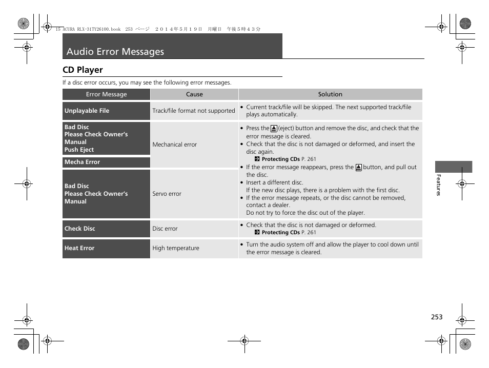 Audio error messages p. 253, Audio error messages, Cd player | Acura 2015 RLX - Owner's Manual User Manual | Page 254 / 521